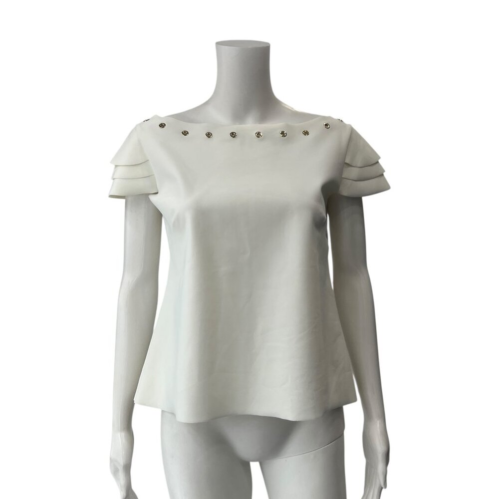 Chiara Boni White Boat Neck Grommet Nylon Stretch Blouse Top size Medium